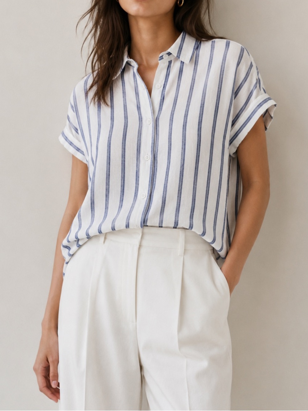 Lola River Linen Striped Button-Up Short Sleeve Shirt Women's Small Blue White